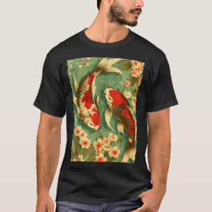 Camiseta Peixes Koi Japoneses Flores de Cerejeira Sakura Ar