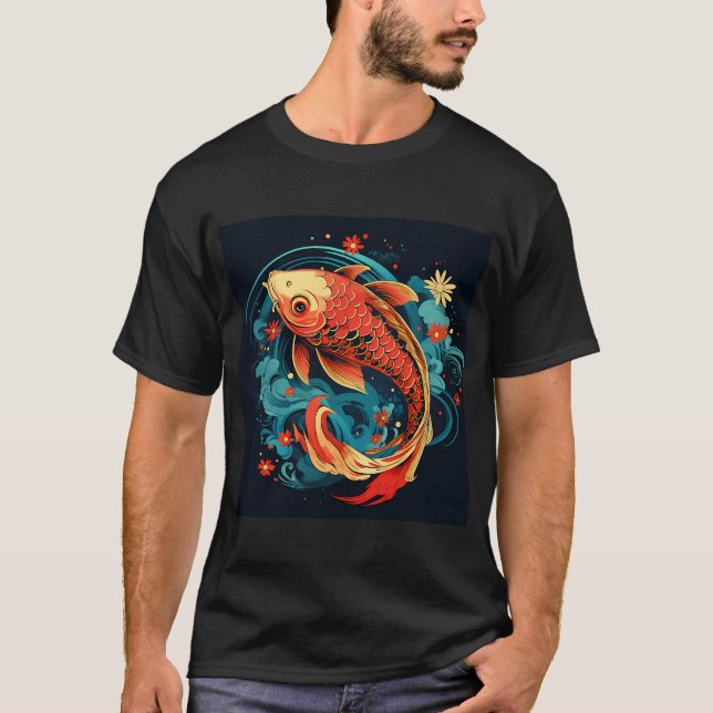 Camiseta peixes koi japoneses modernos com flores colorido  (Frente)