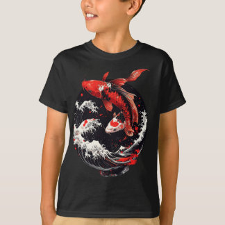 Camiseta Peixes Koi Japoneses – Ondas Vermelhas e Pretas