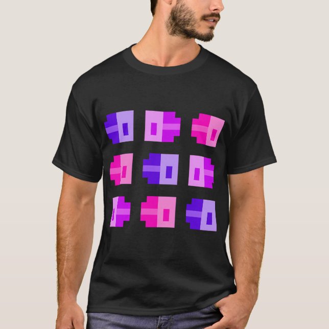Camiseta Peixes Minúsculos em Pixel, Roxo Índigo Rosa (Frente)