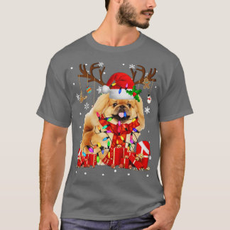 Camiseta Pekingese Dog Reindeer de Natal Luzes felizes Holi