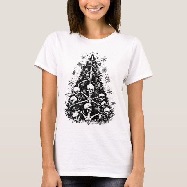Camiseta Peles e ossos de árvores de Natal pretas (Frente)