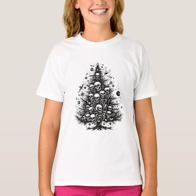Camiseta Peles e ossos de árvores de Natal pretas (Frente)