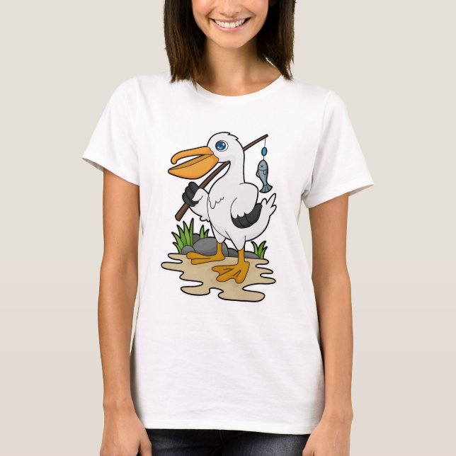 Camiseta Pelicano como pescador com cana de pesca e peixe (Frente)