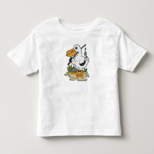 Camiseta Pelicano como pescador com cana de pesca e peixe
