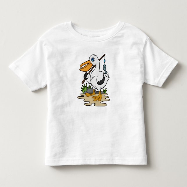 Camiseta Pelicano como pescador com cana de pesca e peixe (Frente)
