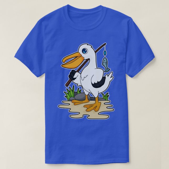Camiseta Pelicano como pescador com lata de pesca (Frente do Design)