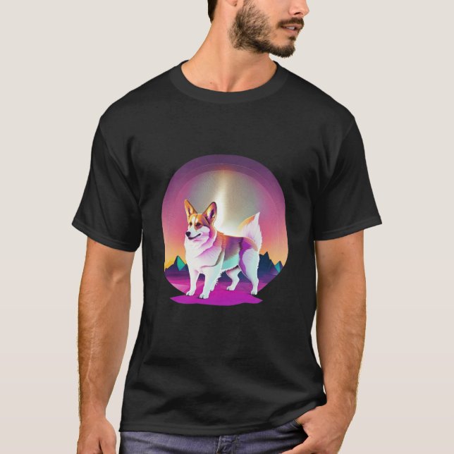 Camiseta Pembroke Welsh Corgi Synthwave Anos 80 Retrowave E (Frente)