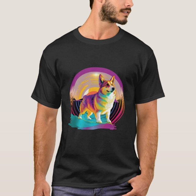 Camiseta Pembroke Welsh Corgi Synthwave Anos 80 Retrowave E (Frente)