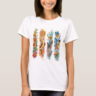CAMISETA PENA BOHO PASTEL E GIRASSÓIS AMARELOS