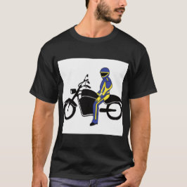 Camiseta Penas Azuis e Amarelas numa Corrida de Motocicleta