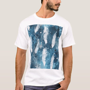 Camiseta Penas brancas em queda, cor azul d'água.