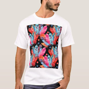 Camiseta Penas coloridas, boho, sem costura, vibrante.