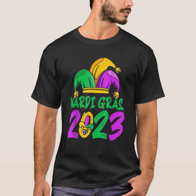Camiseta Penas da Máscara Miçanga Jester Hat Mardi Gras 202 (Frente)