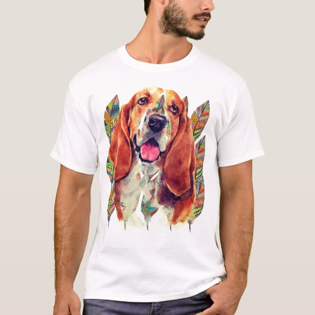 Camiseta Penas de Cores de Água do Hound Basset (Frente)