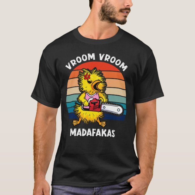 Camiseta Penas Vroom: Patos Adoráveis com Chainsaw (Frente)