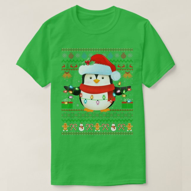 Camiseta Pengim Chapéu de Papai Noel Luzes de Natal Pinguim (Frente do Design)