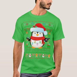 Camiseta Pengim Chapéu de Papai Noel Luzes de Natal Pinguim