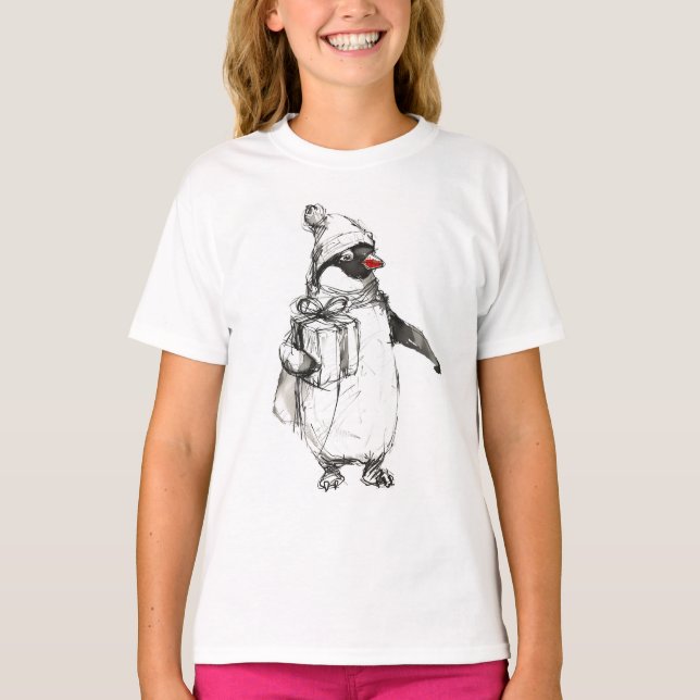 Camiseta Penguin Bonito Segurando Presente (Frente)