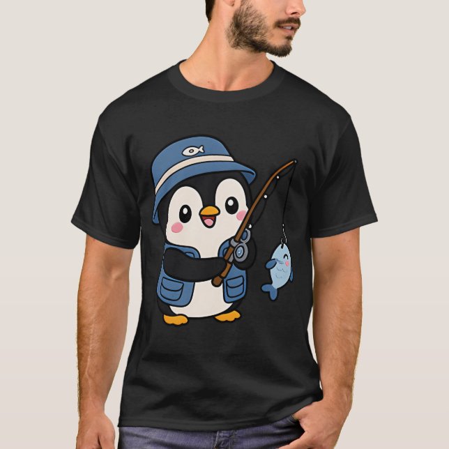 Camiseta Penguin Fisher â€“ Fofo Design de Animal de Pesca  (Frente)