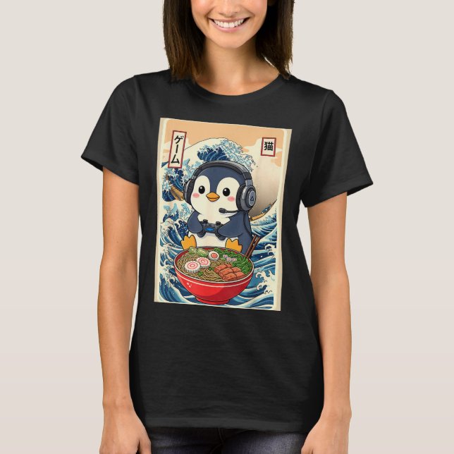 Camiseta Penguin Kawaii Japanese Ramen Noodle Retro Gaming  (Frente)