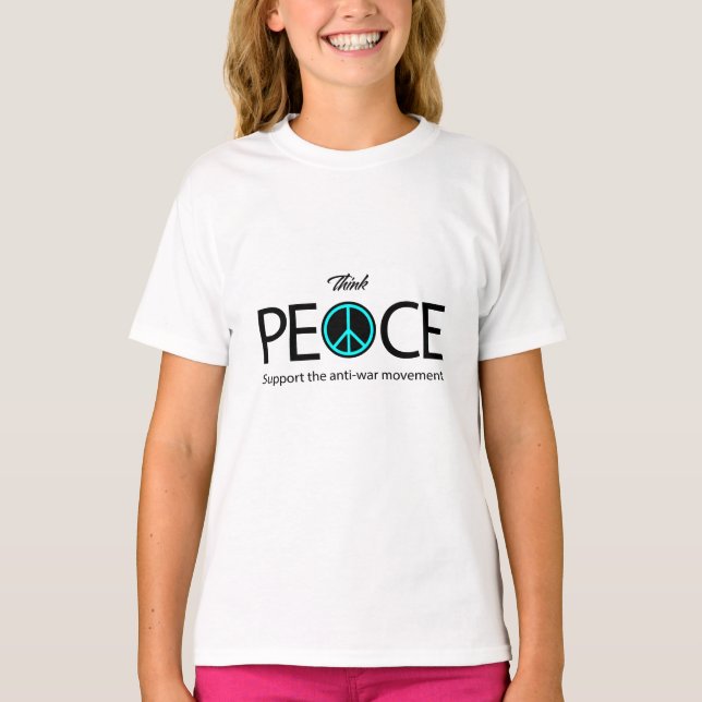 Camiseta Pensem na paz, na antiguerra, na anti-violência (Frente)