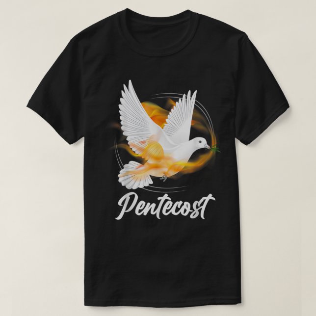 Camiseta Pentecost Doves Língua Fogo Flame Espírito Santo (Frente do Design)