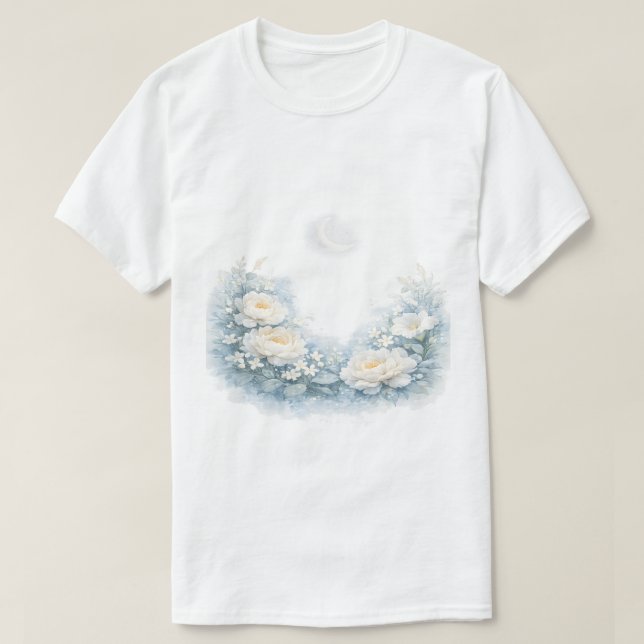 Camiseta Peônias Brancas em Aquarela Lua Crescente Celestia (Frente do Design)