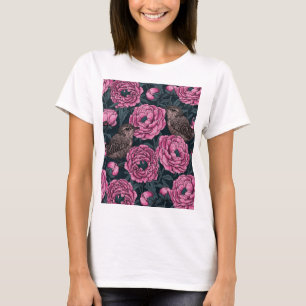 Camiseta Pêonias e cornetas cor-de-rosa em cinzas escuras
