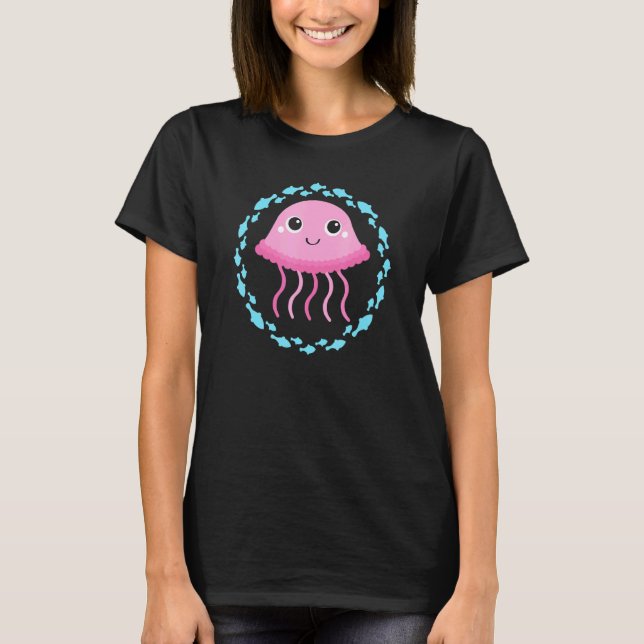 Camiseta Pequena Água-Viva Fofa em Círculo de Peixes (Frente)