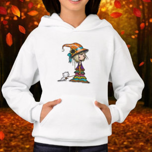 Camiseta Pequena Andorinha Bruxa Fofa com Gatinho Branco