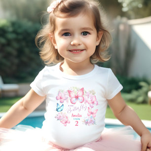 Camiseta Pequena Borboleta Rosa Floral Nome de Verão Aniver