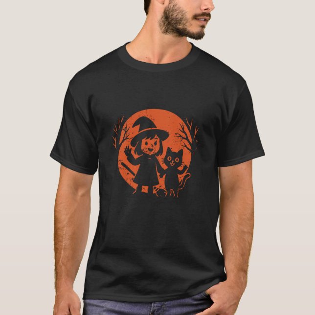 Camiseta Pequena Bruxa e Gato Halloween Lua (Frente)