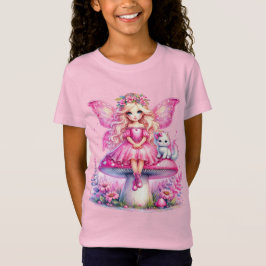 Camiseta Pequena Fada Rosa Sentada num Cogumelo