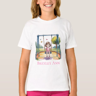 Camiseta Pequena garota num presente de festa de aniversári