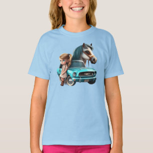 Camiseta Pequena Loura Com Cavalo De Pônea De Carro Mustang