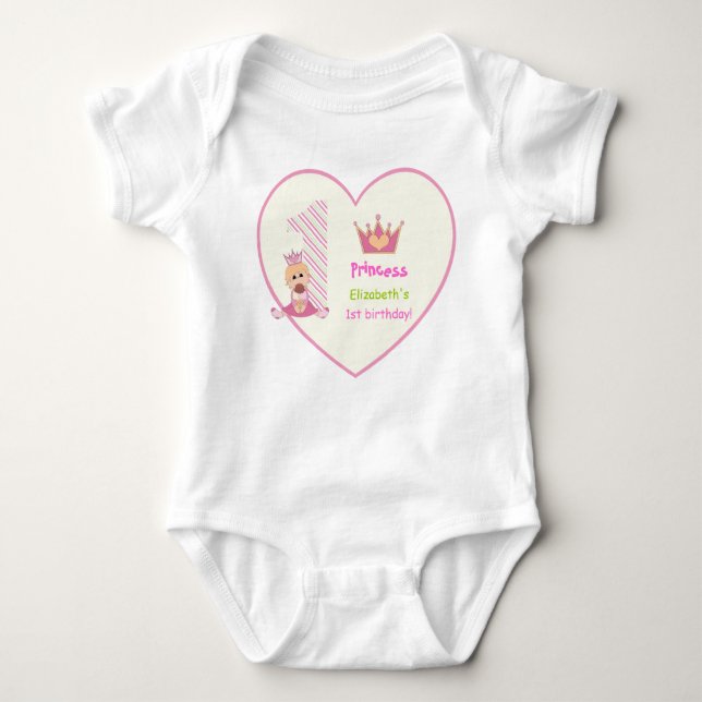 Camiseta Pequena princesa e coroa primeiro aniversario rosa (Frente)