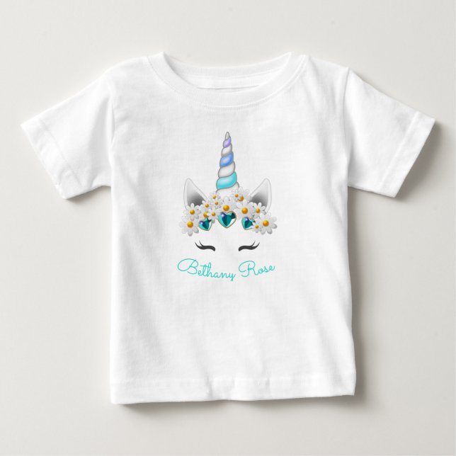 Camiseta Pequena Princesa Unicórnio Jóias Turquesa Flores (Frente)