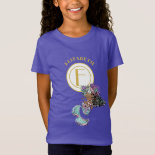 Camiseta Pequena Sereia Bonito Monograma Dourado Azul
