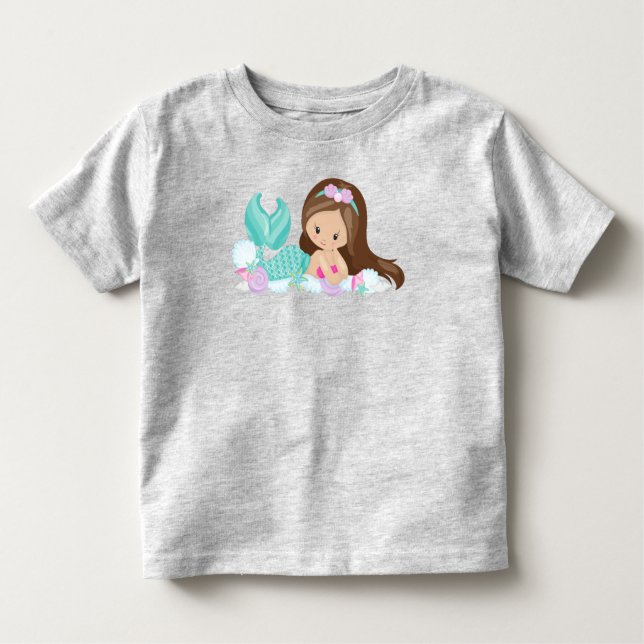 Camiseta Pequena Sereia, Sereia Bonita, Conchas, Cabelo Mar (Frente)