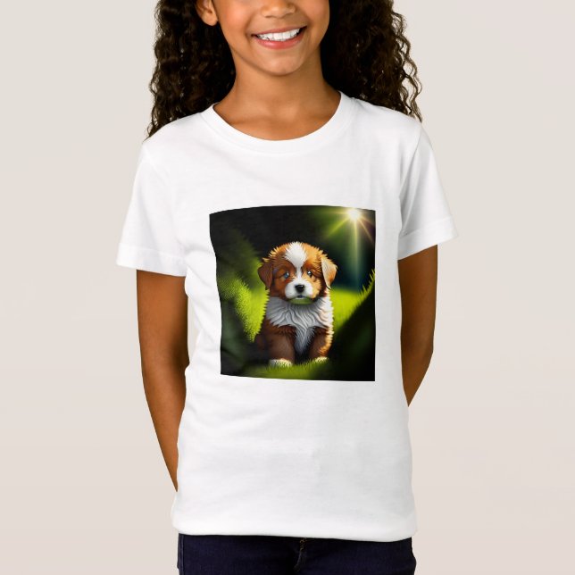 Camiseta Pequeno Castanho e Puppy Branco (Frente)