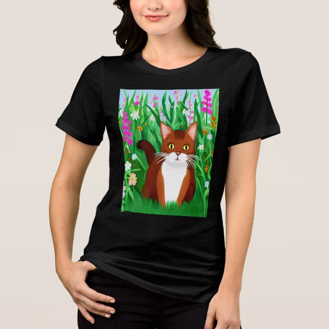 Camiseta Pequeno Gatinho Ginger Brown em um Campo de Flores (Frente)