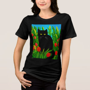 Camiseta Pequeno Gato Negro em um Jardim de Tulipas