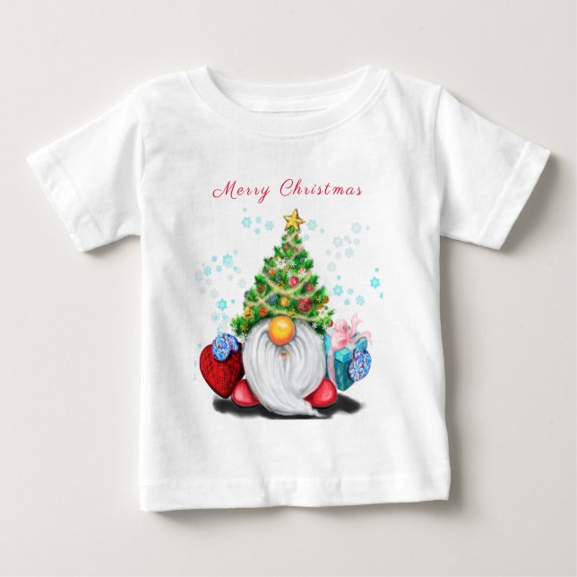 Camiseta Pequeno Gnomo com Chapéu de Árvore de Natal e Dive (Frente)
