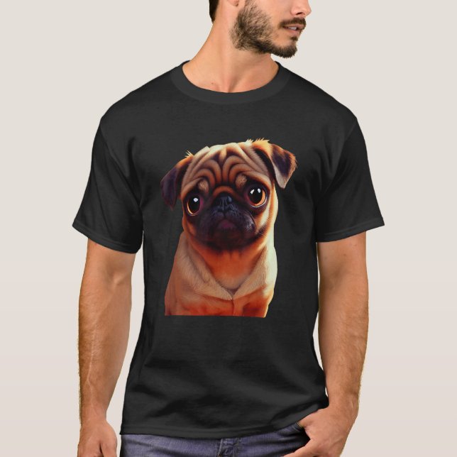Camiseta Pequeno Marrom, Adorável, Pug Puppy Oil Paint Cão  (Frente)