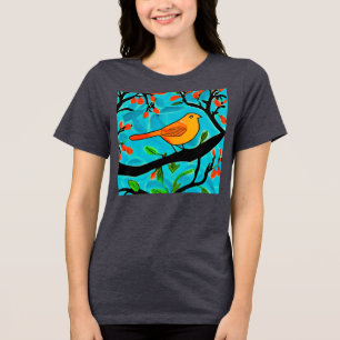 Camiseta Pequeno Pássaro Laranja em um Ramal de Flor