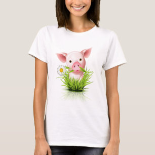 Camiseta Pequeno porco rosa na grama