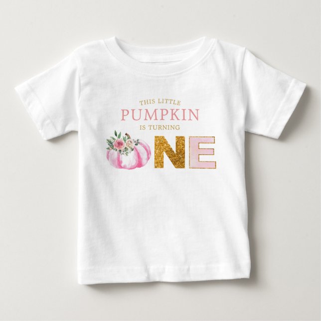 Camiseta Pequeno Pumpkin Rosa Dourado primeiro aniversario (Frente)