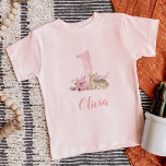 Camiseta Pequeno Veado Primeiro Aniversário Monograma<br><div class="desc">Camisa de criança ou vestuário para bebês para a primeira festa de aniversário ou fotos de bolo da sua menina. Esta doce design apresenta uma doce cor-de-água rosa número um rodeada por flores de vassoura e um veado bebê. Perfeito para a primeira festa de aniversário de uma menina da floresta!...</div>