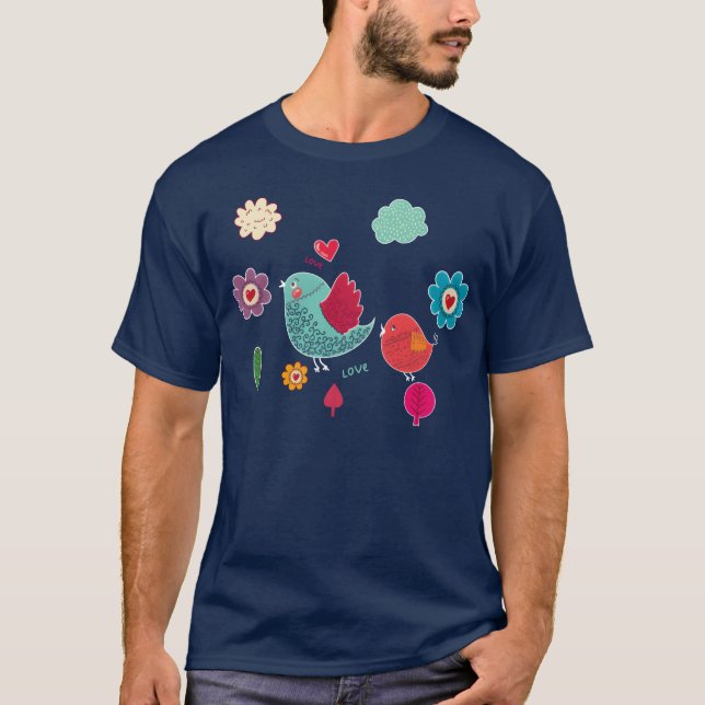 Camiseta Pequenos pássaros bonitos com flores coloridas eng (Frente)